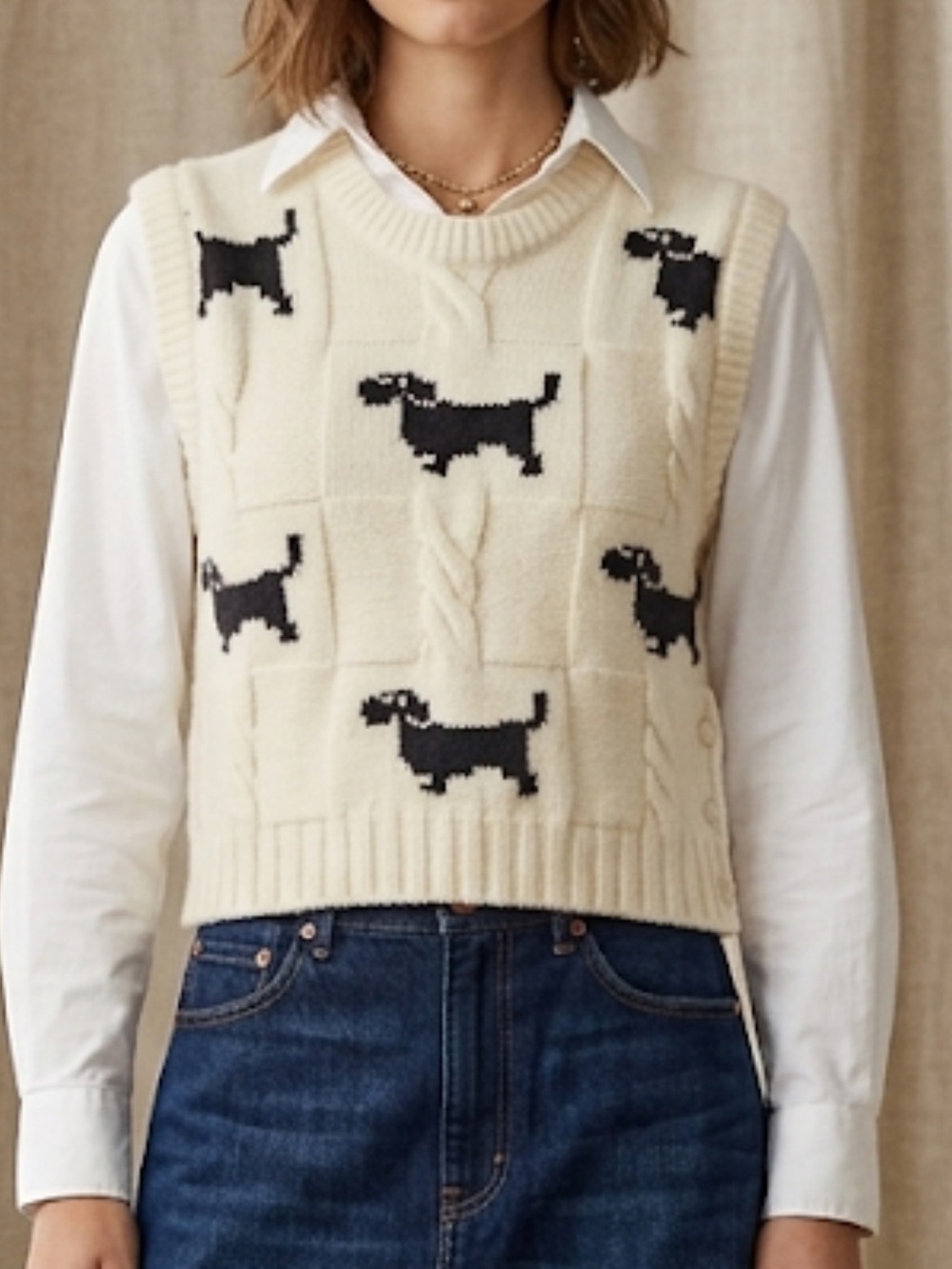 Vintage Style Dachshund Dog Cable Knit Sweater Vest Off White Cream Side Button